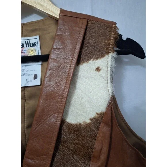 Vintage Pioneer Wear Cowhide Leather Vest Women Sz 12 Cow Print Western USA Made - Picture 11 of 14